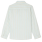 Back view of the Boys' Linton Striped Shirt by Bonpoint, made from organic cotton with light blue and white vertical stripes, a collar, and buttoned cuffs.