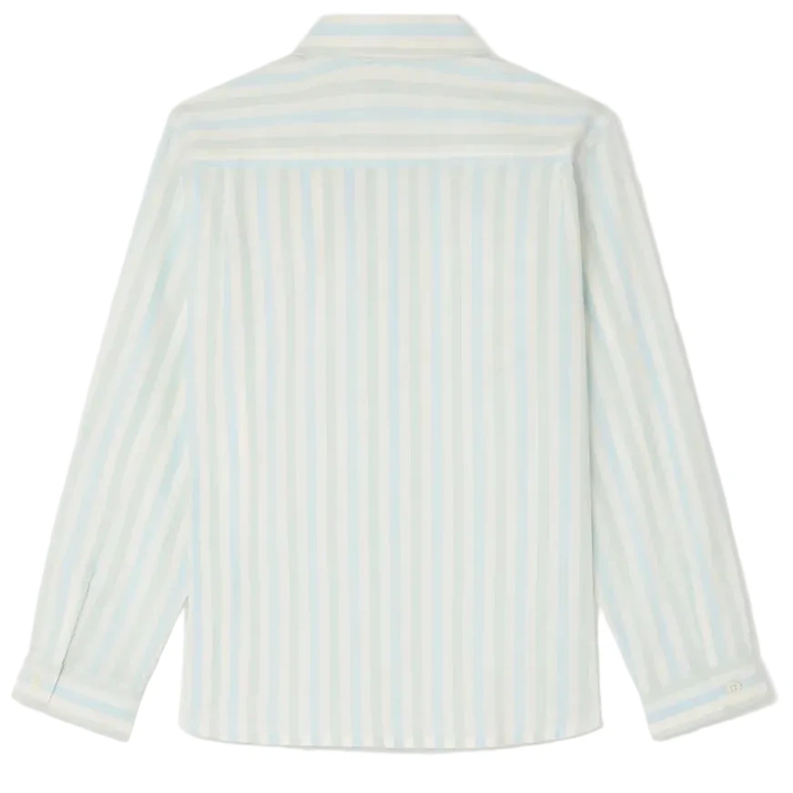 Back view of the Boys' Linton Striped Shirt by Bonpoint, made from organic cotton with light blue and white vertical stripes, a collar, and buttoned cuffs.