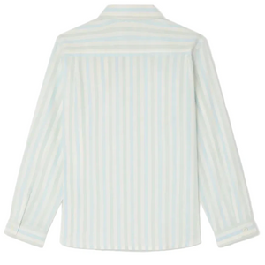 Back view of the Boys' Linton Striped Shirt by Bonpoint, made from organic cotton with light blue and white vertical stripes, a collar, and buttoned cuffs.