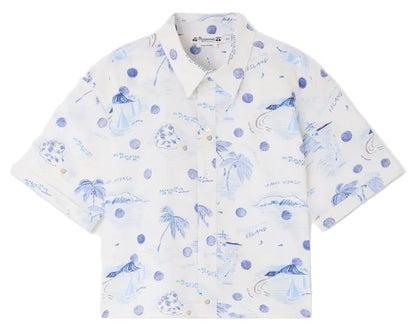 The Boys' Erian Shirt by Bonpoint features short sleeves and a button-up front, made from soft organic cotton in white with blue island-themed illustrations of palm trees, sailboats, and waves.