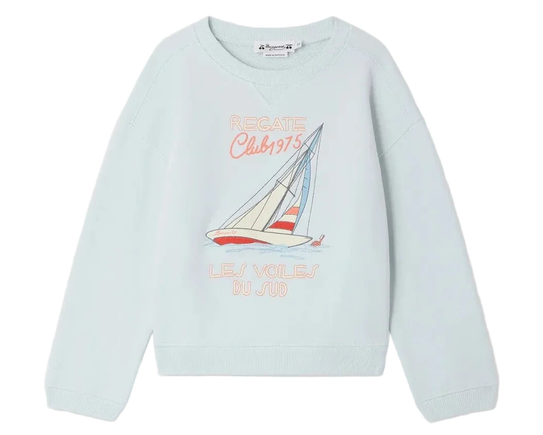 The Boys' Erol Embroidered Regatta Sweatshirt by Bonpoint is made from organic cotton fleece and features an embroidered sailboat and the text "REGATE Club 1975" and "LES VOILES DU SUD" on the front.