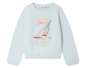 The Boys' Erol Embroidered Regatta Sweatshirt by Bonpoint is made from organic cotton fleece and features an embroidered sailboat and the text "REGATE Club 1975" and "LES VOILES DU SUD" on the front.