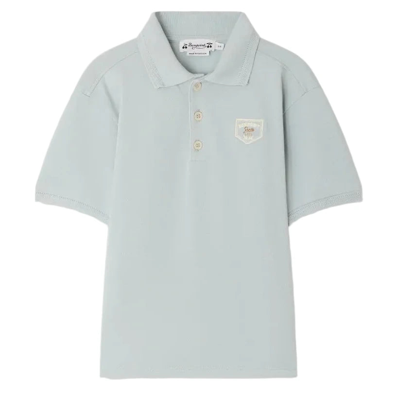 The Boys' Lorris Embroidered Polo Shirt by Bonpoint is crafted from soft piqué cotton with short sleeves, a collar, three buttons, and a subtle embroidered chest patch.