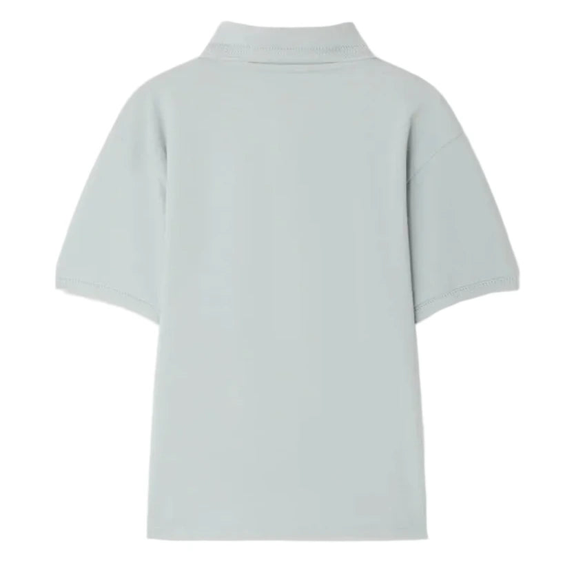 Back view of the Boys' Lorris Embroidered Polo Shirt by Bonpoint in light grey piqué cotton, featuring short sleeves and a collar, shown against a white background.