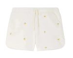 Bonpoint Girls' Caroline Fleece Shorts feature a comfy elastic waistband and charming yellow floral and cherry prints on the front.