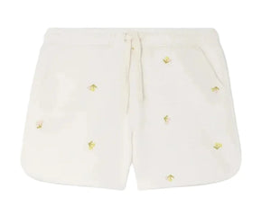 Bonpoint Girls' Caroline Fleece Shorts feature a comfy elastic waistband and charming yellow floral and cherry prints on the front.