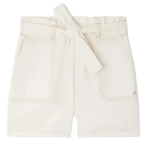 The Bonpoint Girls' Lorrie Shorts are high-waisted off-white shorts with front patch pockets and a matching tie belt, displayed flat on a white background.