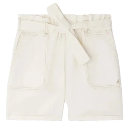 The Bonpoint Girls' Lorrie Shorts are high-waisted off-white shorts with front patch pockets and a matching tie belt, displayed flat on a white background.