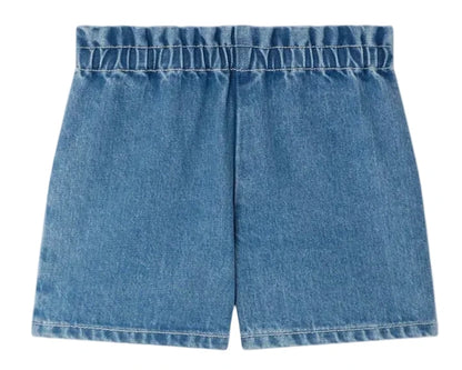 Bonpoint Girls' Milly Shorts in blue denim with an elastic waist and cherry embroidery, shown laid flat on a white background.