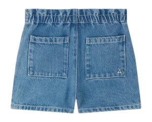Back view of Bonpoint Girls' Milly Shorts featuring an elastic waistband and two large square back pockets.
