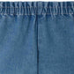 Close-up of blue denim fabric with an elastic waist and vertical center seam, featured in Bonpoint Girls' Milly Shorts.