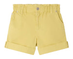 Bonpoint Girls' Cathy Loose-Fitting Shorts: yellow, rolled cuffs, elastic waistband, front button, wide leg fit, and two side pockets.
