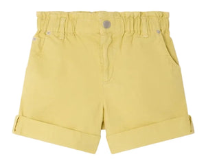 Bonpoint Girls' Cathy Loose-Fitting Shorts: yellow, rolled cuffs, elastic waistband, front button, wide leg fit, and two side pockets.
