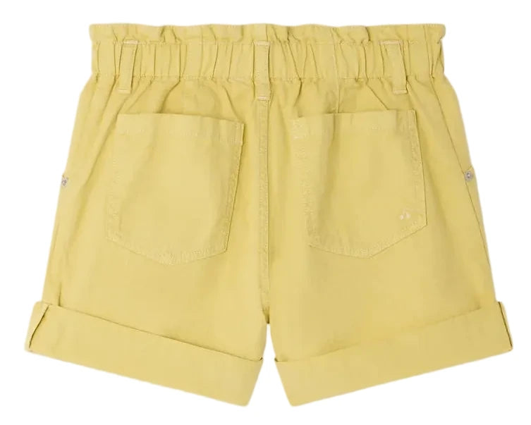 Bonpoint Girls' Cathy Loose-Fitting Shorts in yellow feature a high waist, elastic waistband, rolled cuffs, and two back pockets, shown flat with the back side facing up.