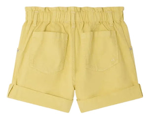 Bonpoint Girls' Cathy Loose-Fitting Shorts in yellow feature a high waist, elastic waistband, rolled cuffs, and two back pockets, shown flat with the back side facing up.