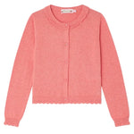 The Girls' Scalloped Round Neck Larita Cardigan by Bonpoint features a pink cotton knit, front buttons, ribbed cuffs and hem, plus scalloped lace on the collar and edges.