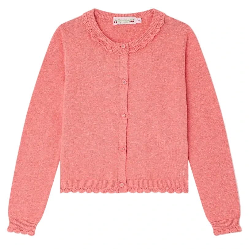 The Girls' Scalloped Round Neck Larita Cardigan by Bonpoint features a pink cotton knit, front buttons, ribbed cuffs and hem, plus scalloped lace on the collar and edges.