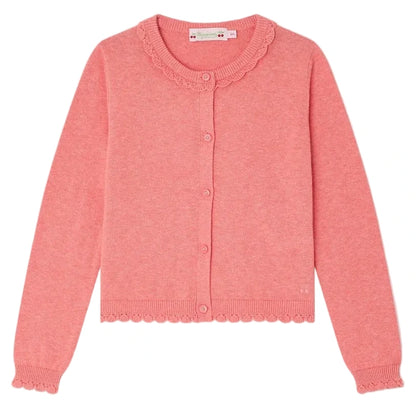 The Girls' Scalloped Round Neck Larita Cardigan by Bonpoint features a pink cotton knit, front buttons, ribbed cuffs and hem, plus scalloped lace on the collar and edges.