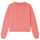 The Bonpoint Girls' Scalloped Round Neck Larita Cardigan is shown from the back, featuring pink cotton knit fabric, ribbed cuffs and waistband, with scalloped lace trim at the collar and hem.