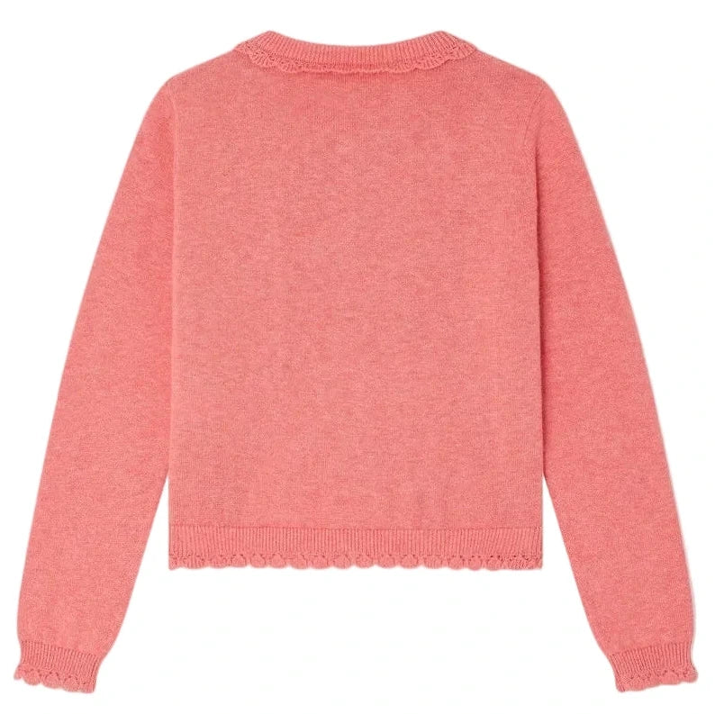 The Bonpoint Girls' Scalloped Round Neck Larita Cardigan is shown from the back, featuring pink cotton knit fabric, ribbed cuffs and waistband, with scalloped lace trim at the collar and hem.