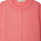 The Bonpoint Girls' Scalloped Round Neck Larita Cardigan is a pink cotton knit with long sleeves, front buttons, and a delicate lace collar.