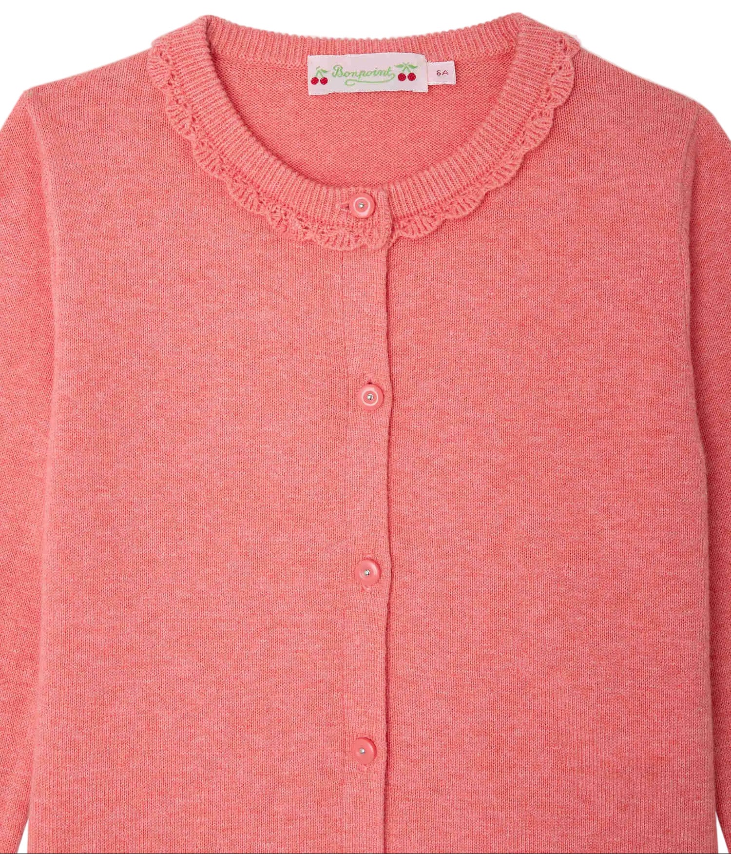The Bonpoint Girls' Scalloped Round Neck Larita Cardigan is a pink cotton knit with long sleeves, front buttons, and a delicate lace collar.