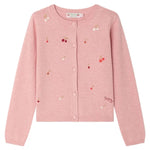 The Bonpoint Girls' Lilith Cardigan features a light pink cotton knit, round neckline, front button closure, and hand-embroidered cherries scattered across the front.