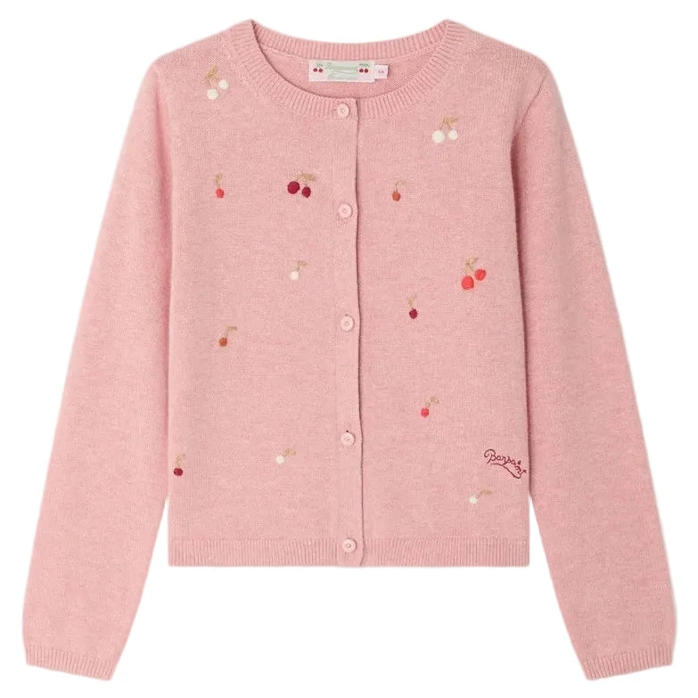 The Bonpoint Girls' Lilith Cardigan features a light pink cotton knit, round neckline, front button closure, and hand-embroidered cherries scattered across the front.