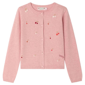 The Bonpoint Girls' Lilith Cardigan features a light pink cotton knit, round neckline, front button closure, and hand-embroidered cherries scattered across the front.