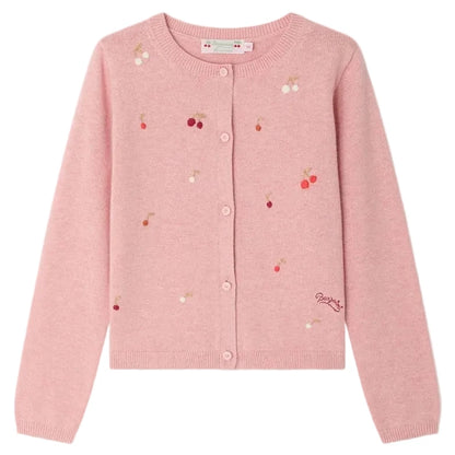 The Bonpoint Girls' Lilith Cardigan features a light pink cotton knit, round neckline, front button closure, and hand-embroidered cherries scattered across the front.