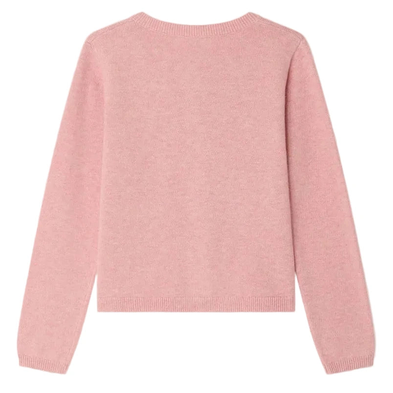 The Bonpoint Girls' Lilith Cardigan with hand-embroidered cherries is shown laid flat, back side up.