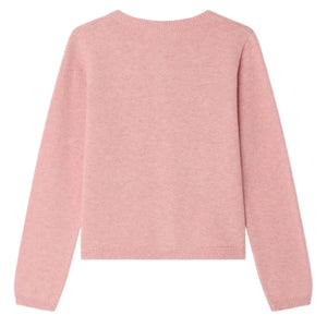 The Bonpoint Girls' Lilith Cardigan with hand-embroidered cherries is shown laid flat, back side up.