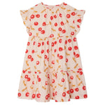 The Bonpoint Girls' Leontine Dress with Ruffles is cream-colored, features short sleeves, a ruffled collar, and an all-over red cherries print.