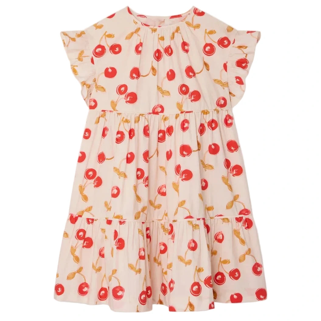 The Bonpoint Girls' Leontine Dress with Ruffles is cream-colored, features short sleeves, a ruffled collar, and an all-over red cherries print.