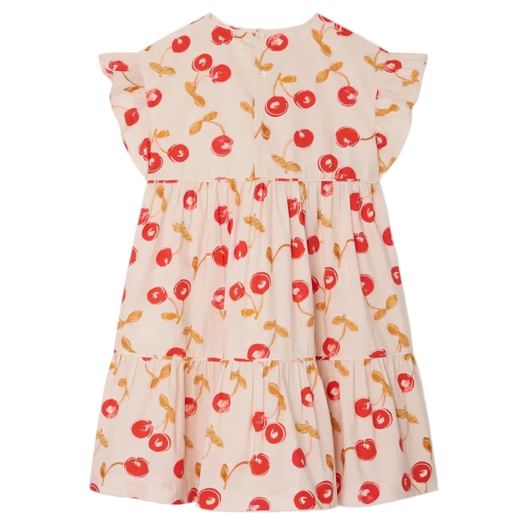 The Bonpoint Girls' Leontine Dress with Ruffles features a cherry print on light pink, short ruffled sleeves, and a loose, flowing fit for a playful style.