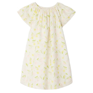 The Bonpoint Girls' Smocked Salomé Dress features a light pink, short-sleeve design with a loose fit, gathered neckline, and playful lemon, leaf, and cherry print. Made from soft organic cotton for all-day comfort.