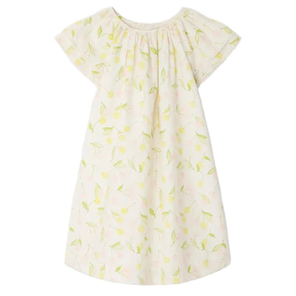 The Bonpoint Girls' Smocked Salomé Dress features a light pink, short-sleeve design with a loose fit, gathered neckline, and playful lemon, leaf, and cherry print. Made from soft organic cotton for all-day comfort.