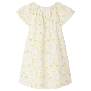 The Bonpoint Girls' Smocked Salomé Dress is a light-colored, short-sleeve organic cotton dress with a loose fit and a charming green leaf and yellow flower pattern.