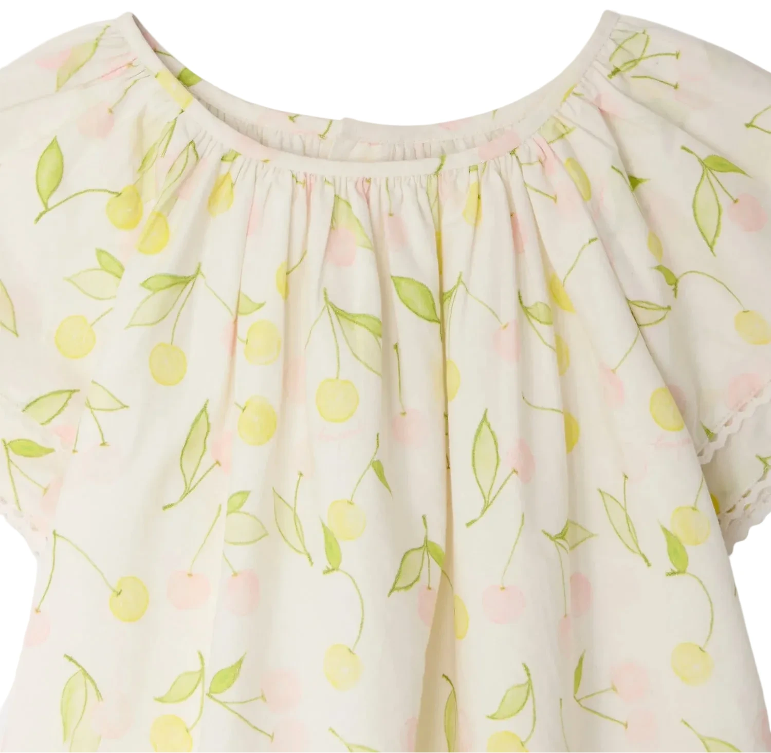Bonpoint Girls' Smocked Salomé Dress features a charming cherry print with yellow cherries and green leaves, crafted from organic cotton with a gathered neckline and short sleeves.