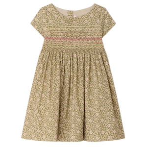The Bonpoint Girls' Duchesse Smocked Dress features short sleeves, a knee-length cut, floral print in beige, green, and pink, and hand-embroidered smocking across the chest.