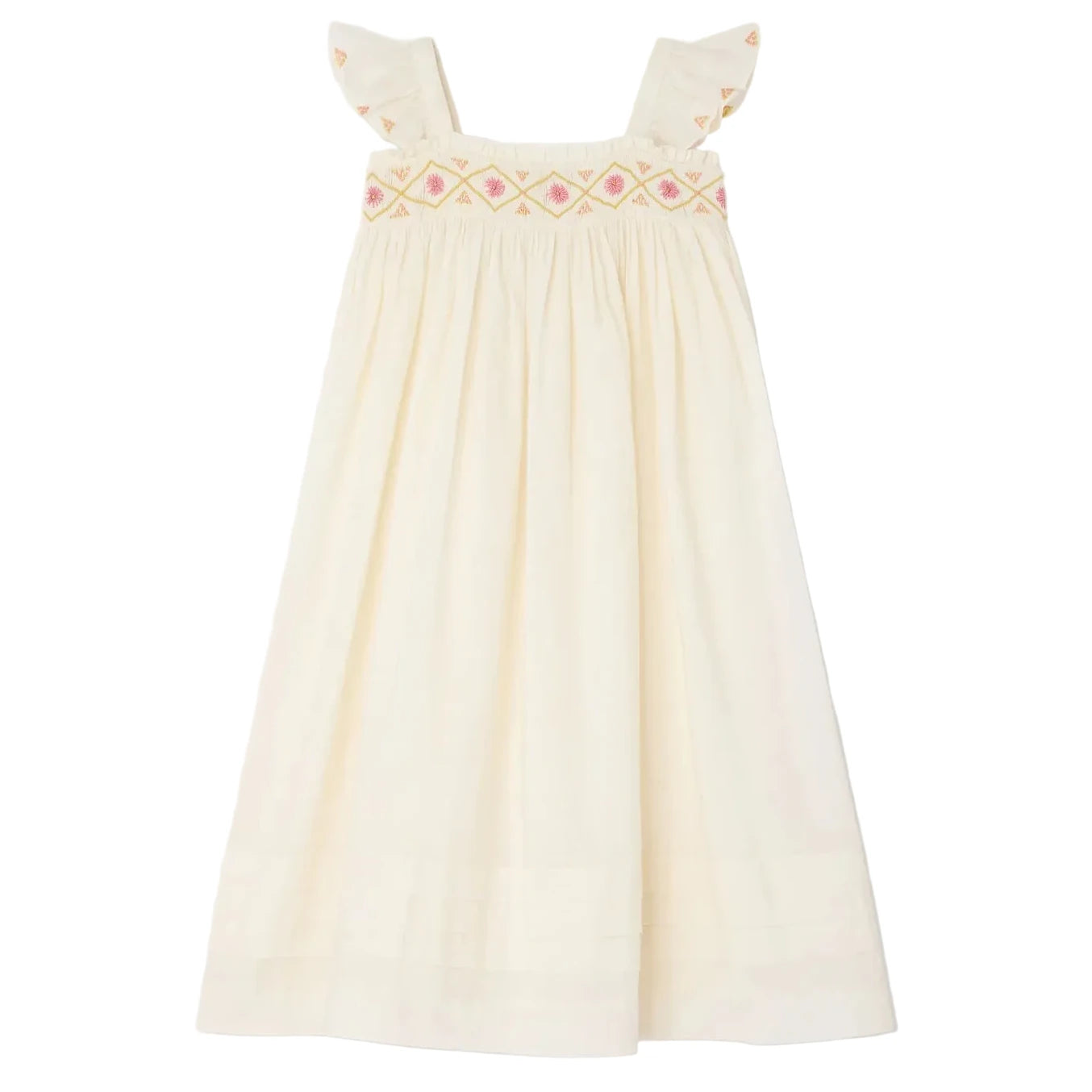 The Bonpoint Girls' Laora Dress is cream-colored and sleeveless, featuring ruffled straps, pink geometric hand-embroidered smocking on the chest, and a gathered skirt for a relaxed fit.