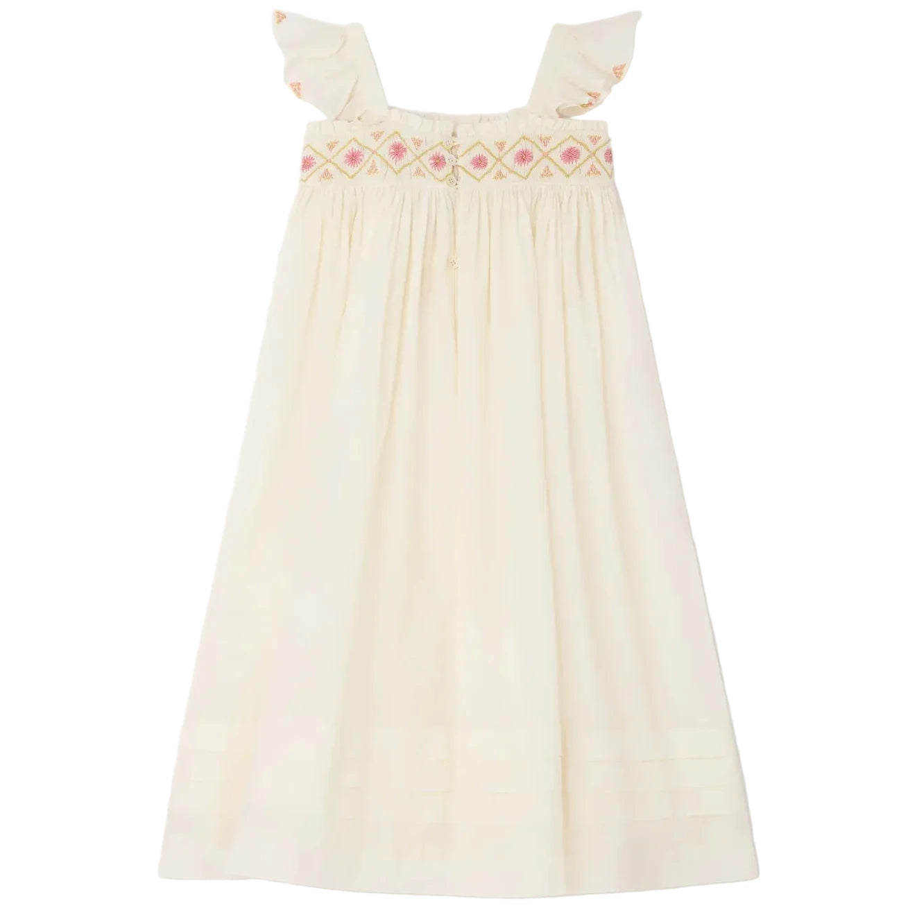 The Bonpoint Girls' Laora Dress Smocked and Hand-Embroidered is a sleeveless cream dress with ruffled straps and a pink and yellow hand-embroidered smocking band across the chest.