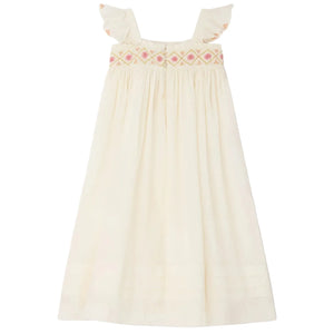 The Bonpoint Girls' Laora Dress Smocked and Hand-Embroidered is a sleeveless cream dress with ruffled straps and a pink and yellow hand-embroidered smocking band across the chest.
