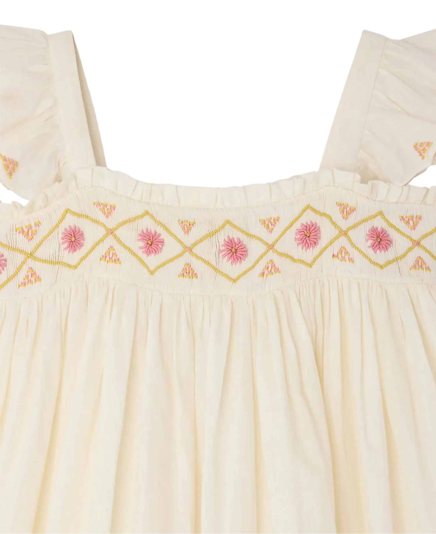 The Bonpoint Girls' Laora Dress Smocked and Hand-Embroidered features cream fabric, ruffled sleeves, and pink and yellow diamond hand embroidery—an elegant choice for special occasions.