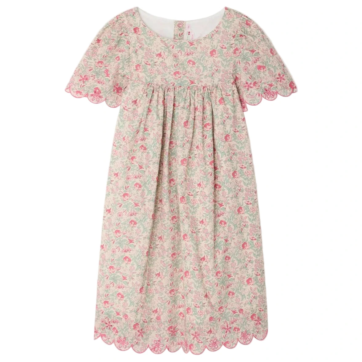 The Bonpoint Girls' Lysiane Dress features English embroidery, a gathered bodice, scalloped edges, and a charming pink floral print on soft Liberty fabric.