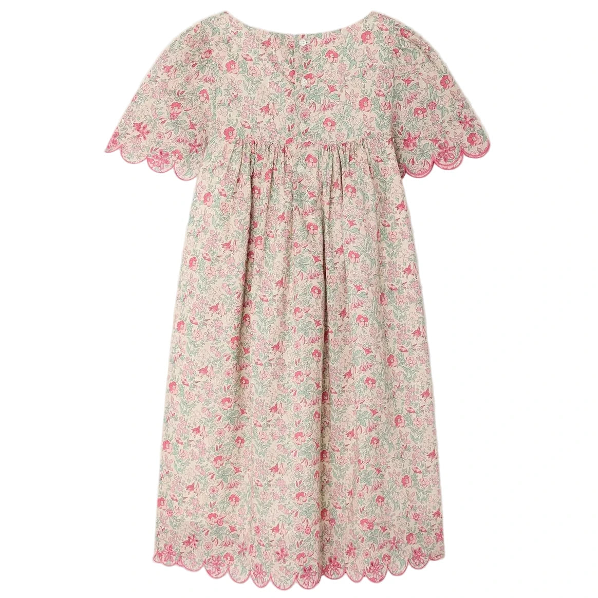 The Bonpoint Girls' Lysiane Dress features English embroidery, short sleeves, a knee-length cut, and scalloped edges for a charming finish.