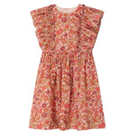 The Bonpoint Girls' Lizzy Dress with Ruffles in Liberty Fabric features a sleeveless design, ruffled front, and gathered skirt in soft cotton with pink, red, and orange floral print on a light background.