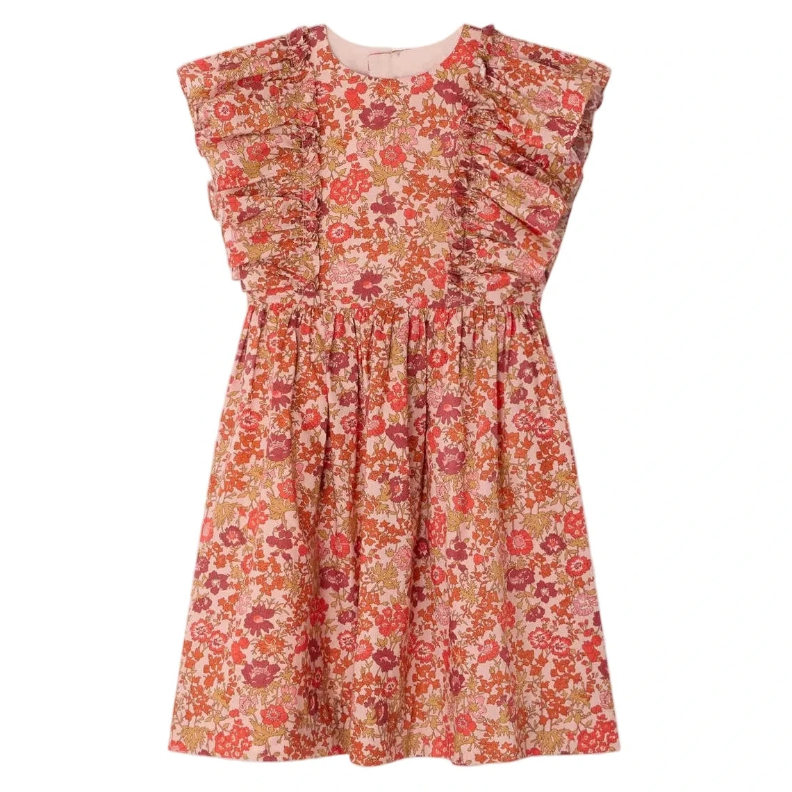 The Bonpoint Girls' Lizzy Dress with Ruffles in Liberty Fabric features a sleeveless design, ruffled front, and gathered skirt in soft cotton with pink, red, and orange floral print on a light background.