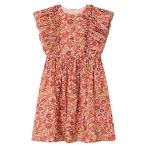 The Bonpoint Girls' Lizzy Dress with Ruffles in Liberty Fabric features a sleeveless design, ruffled front, and gathered skirt in soft cotton with pink, red, and orange floral print on a light background.
