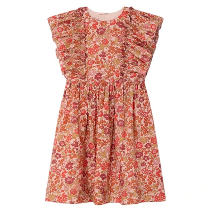 The Bonpoint Girls' Lizzy Dress with Ruffles in Liberty Fabric features a sleeveless design, ruffled front, and gathered skirt in soft cotton with pink, red, and orange floral print on a light background.
